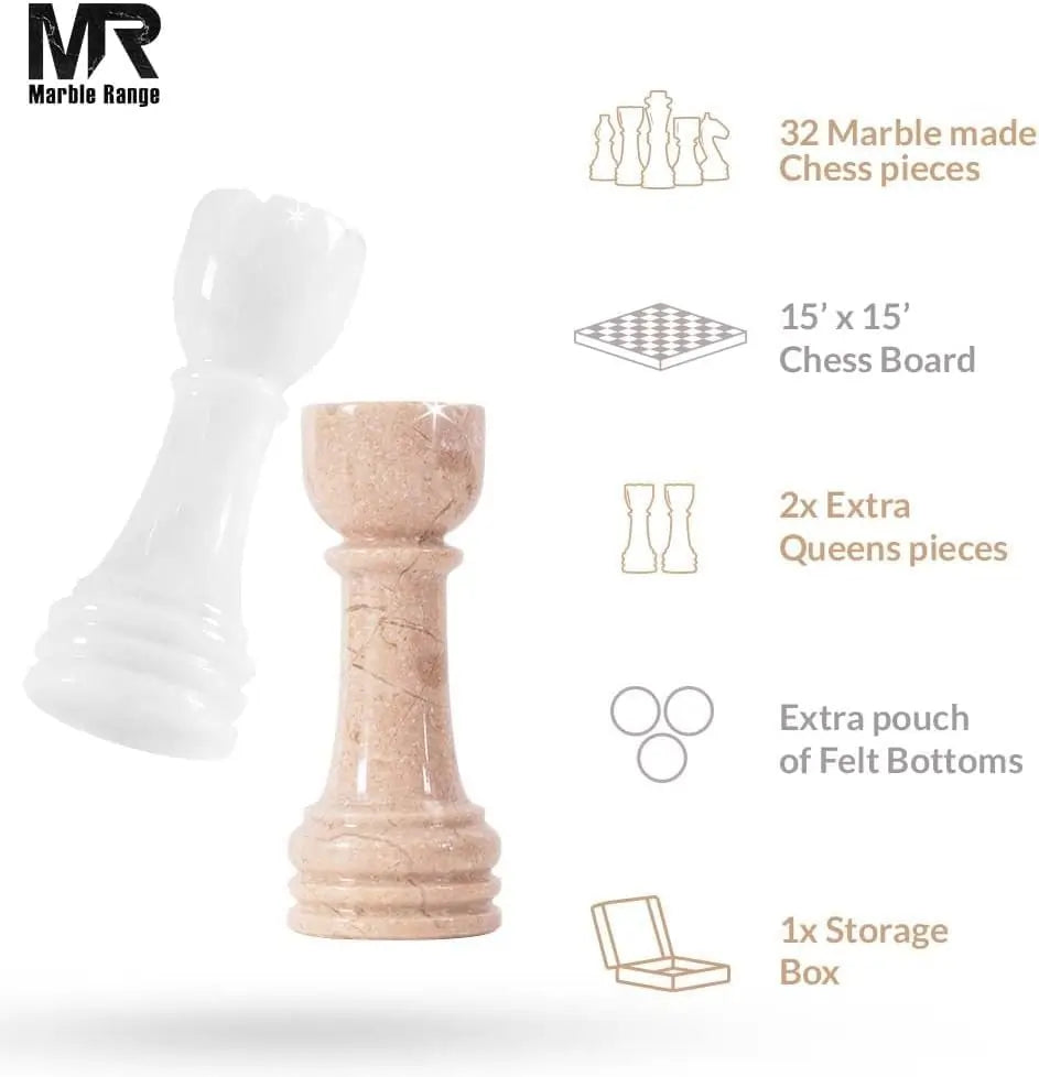 Marble Chess Set for Adults 15" Handmade Verona & White Board Game with 32 Chess Pieces, 2 Extra Queens & Storage Box, Luxury Travel Game, Elegant Gift for Home Decor