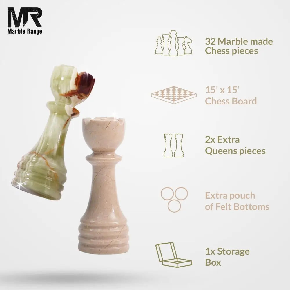 Marble Chess Set for Adults 15" Handmade Verona & Green Onyx Board Game with 32 Chess Pieces, 2 Extra Queens & Storage Box, Luxury Travel Game, Elegant Gift for Home Decor