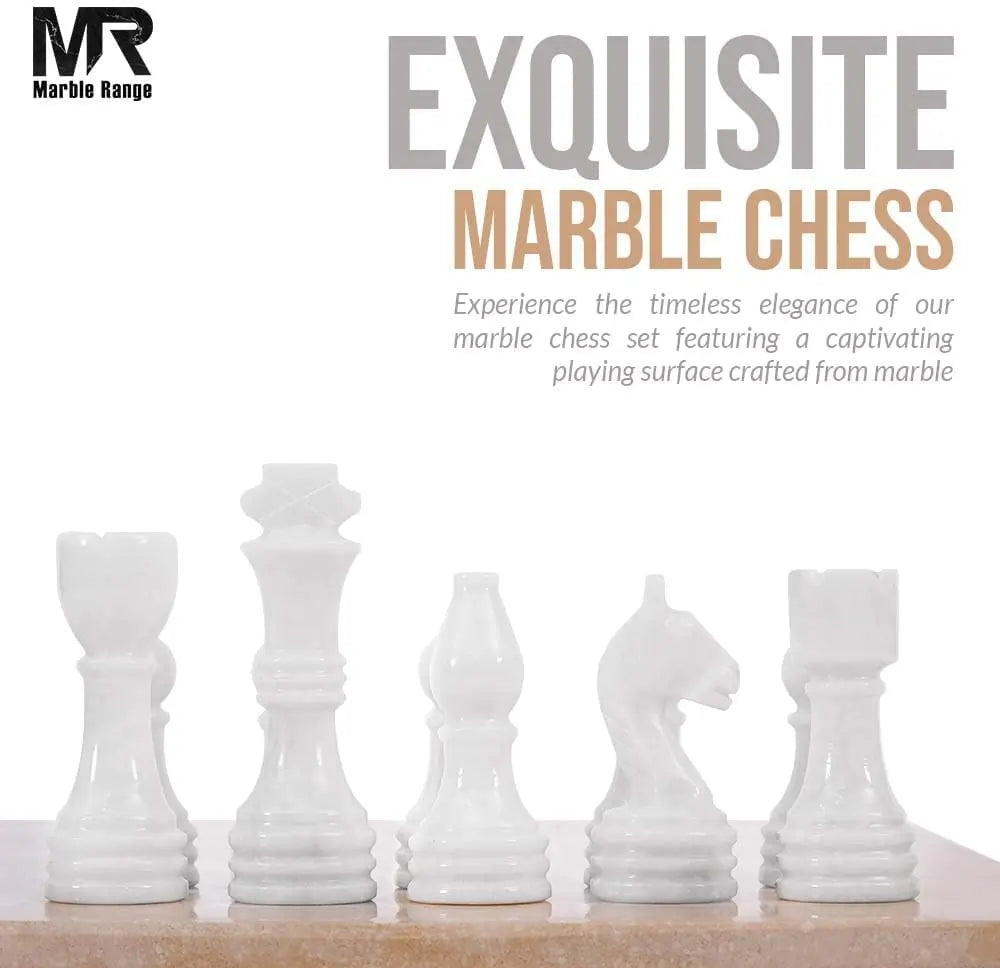 Marble Chess Set for Adults 15" Handmade Verona & White Board Game with 32 Chess Pieces, 2 Extra Queens & Storage Box, Luxury Travel Game, Elegant Gift for Home Decor