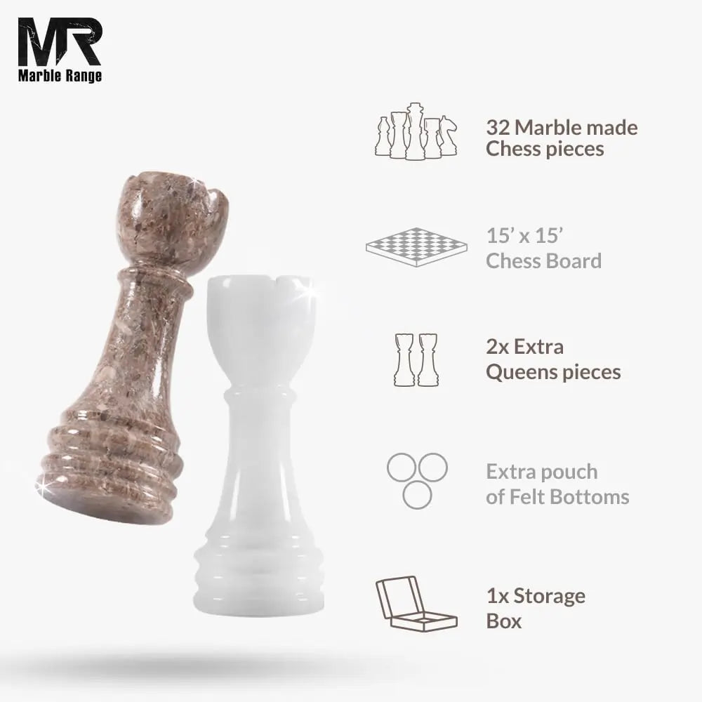 Marble Chess Set for Adults 15" Handmade White & Oceanic Board Game with 32 Chess Pieces, 2 Extra Queens & Storage Box, Luxury Travel Game, Elegant Gift for Home Decor
