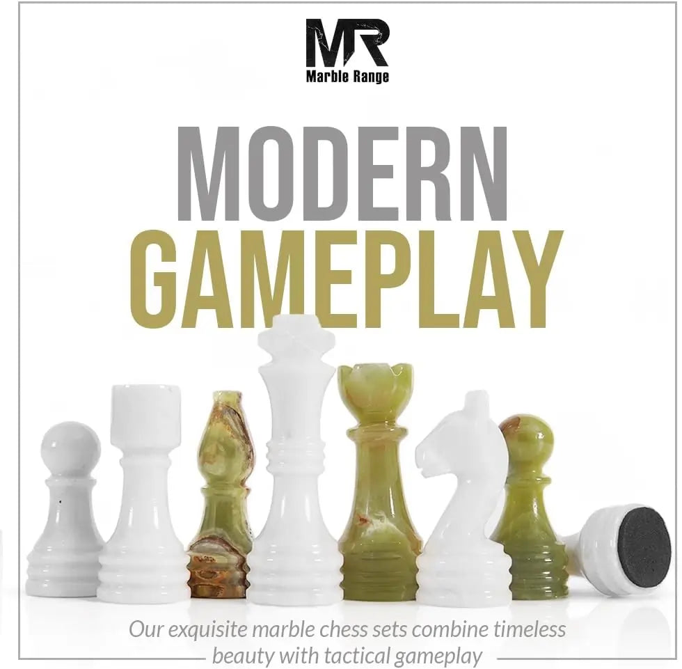 Marble Chess Set for Adults 15" Handmade White & Green Onyx Board Game with 32 Chess Pieces, 2 Extra Queens & Storage Box, Luxury Travel Game, Elegant Gift for Home Decor