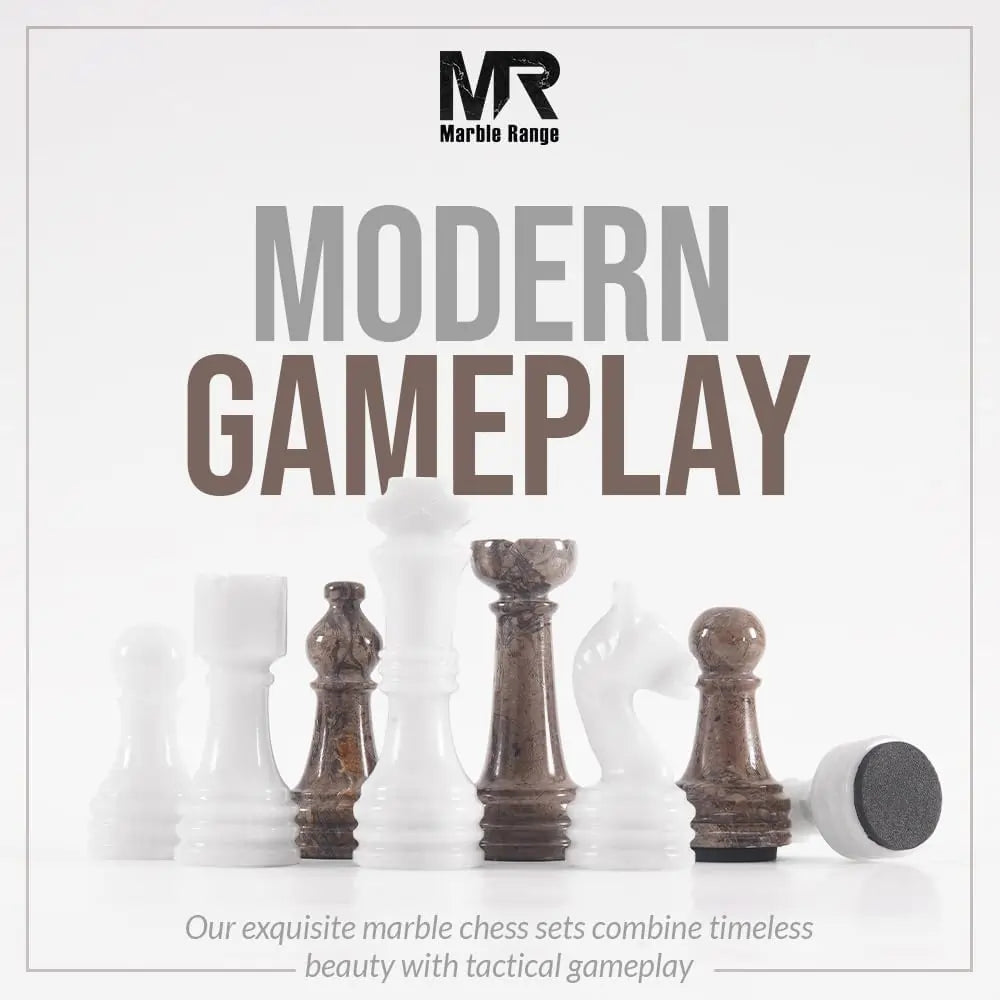 Marble Chess Set for Adults 15" Handmade White & Oceanic Board Game with 32 Chess Pieces, 2 Extra Queens & Storage Box, Luxury Travel Game, Elegant Gift for Home Decor