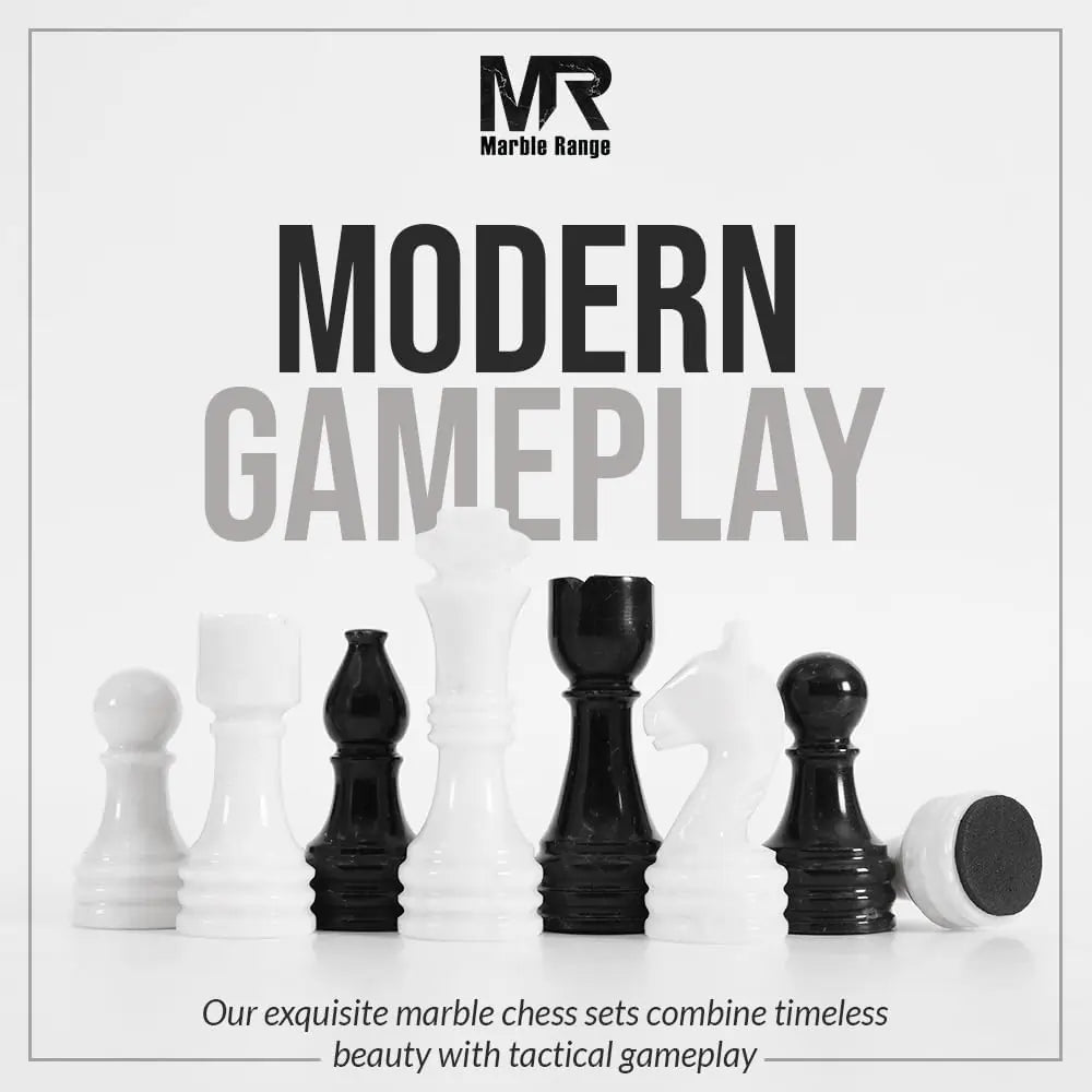 Marble Chess Set for Adults 15" Handmade White & Black Board Game with 32 Chess Pieces, 2 Extra Queens & Storage Box, Luxury Travel Game, Elegant Gift for Home Decor