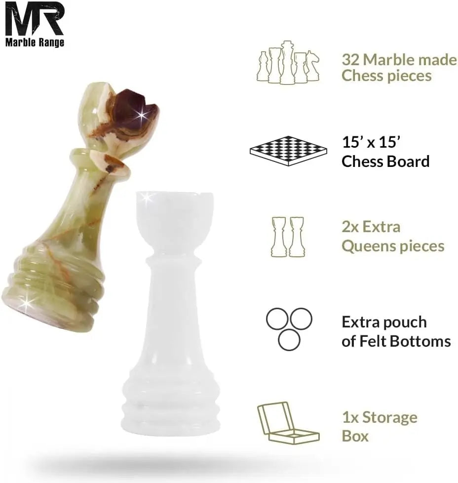 Marble Chess Set for Adults 15" Handmade White & Green Onyx Board Game with 32 Chess Pieces, 2 Extra Queens & Storage Box, Luxury Travel Game, Elegant Gift for Home Decor