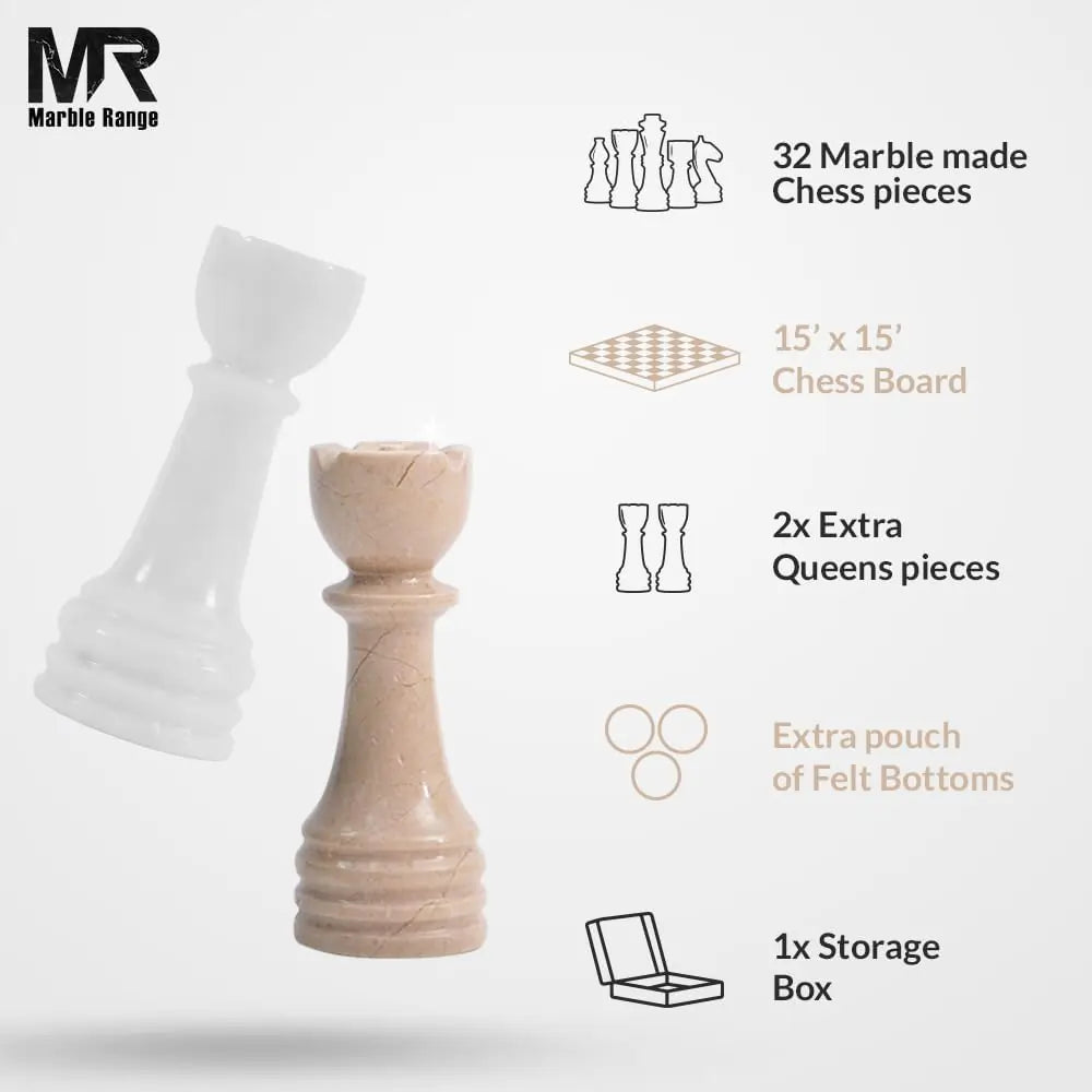 Marble Chess Set for Adults 15" Handmade White & Verona Board Game with 32 Chess Pieces, 2 Extra Queens & Storage Box, Luxury Travel Game, Elegant Gift for Home Decor
