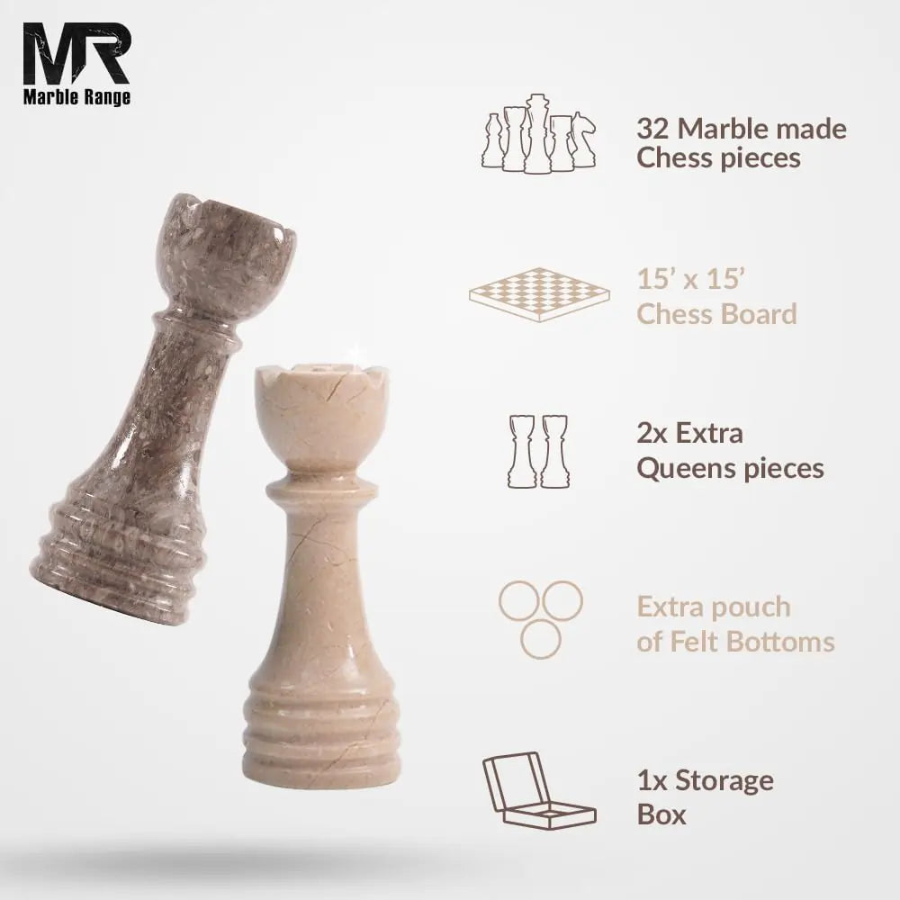 Marble Chess Set for Adults 15" Handmade Verona & Oceanic Board Game with 32 Chess Pieces, 2 Extra Queens & Storage Box, Luxury Travel Game, Elegant Gift for Home Decor