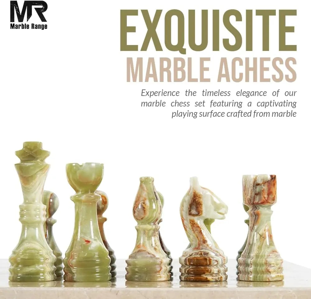 Marble Chess Set for Adults 15" Handmade Verona & Green Onyx Board Game with 32 Chess Pieces, 2 Extra Queens & Storage Box, Luxury Travel Game, Elegant Gift for Home Decor