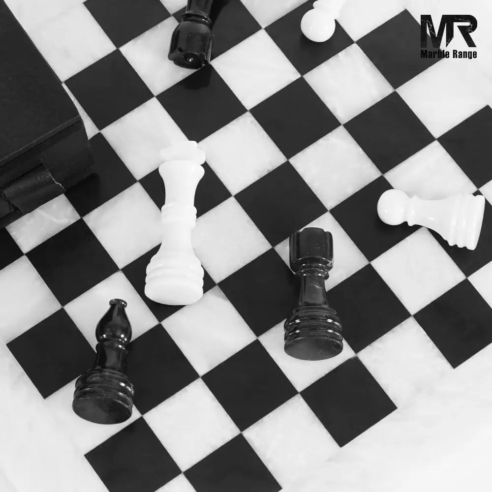Marble Chess Set for Adults 15" Handmade White & Black Board Game with 32 Chess Pieces, 2 Extra Queens & Storage Box, Luxury Travel Game, Elegant Gift for Home Decor