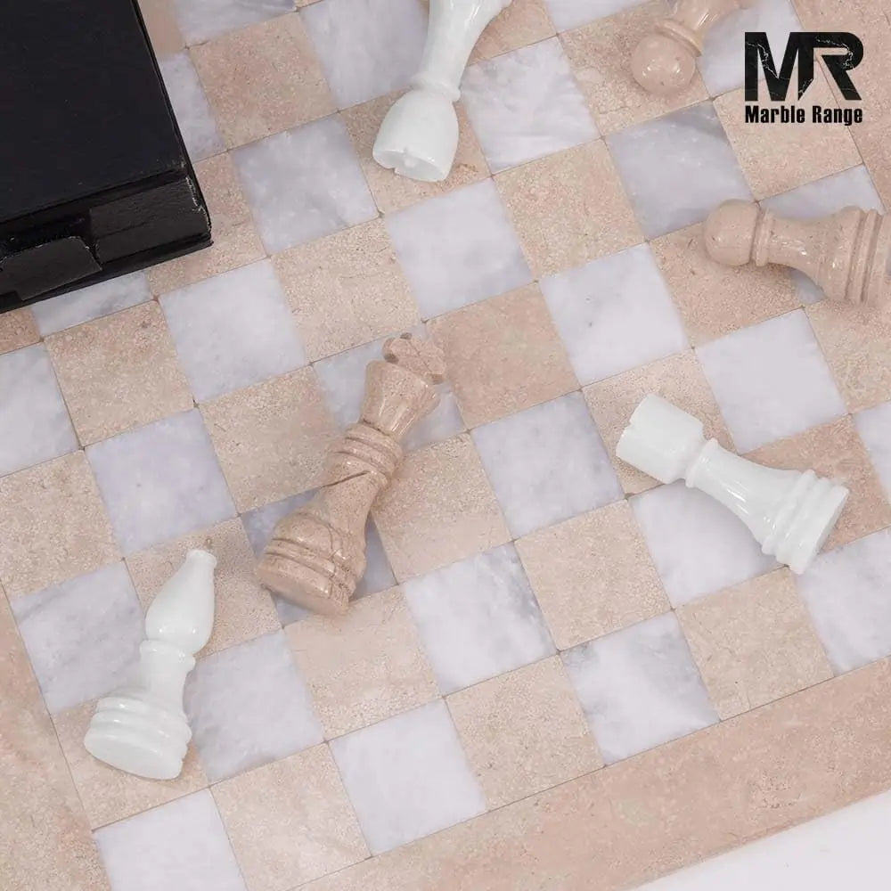Marble Chess Set for Adults 15" Handmade Verona & White Board Game with 32 Chess Pieces, 2 Extra Queens & Storage Box, Luxury Travel Game, Elegant Gift for Home Decor