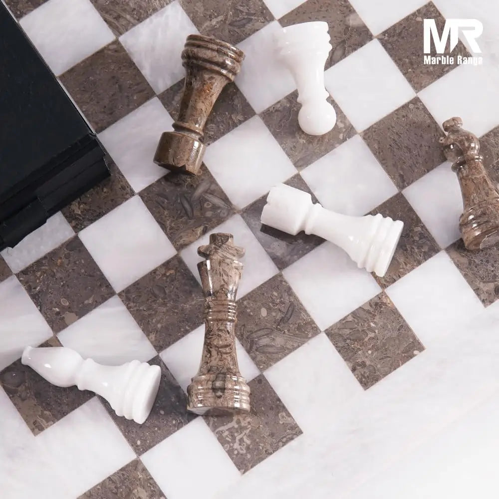 Marble Chess Set for Adults 15" Handmade White & Oceanic Board Game with 32 Chess Pieces, 2 Extra Queens & Storage Box, Luxury Travel Game, Elegant Gift for Home Decor