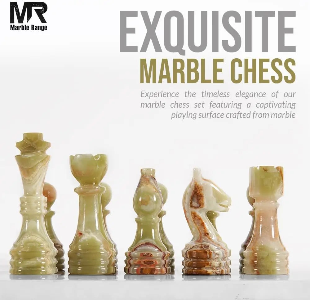 Marble Chess Set for Adults 15" Handmade White & Green Onyx Board Game with 32 Chess Pieces, 2 Extra Queens & Storage Box, Luxury Travel Game, Elegant Gift for Home Decor