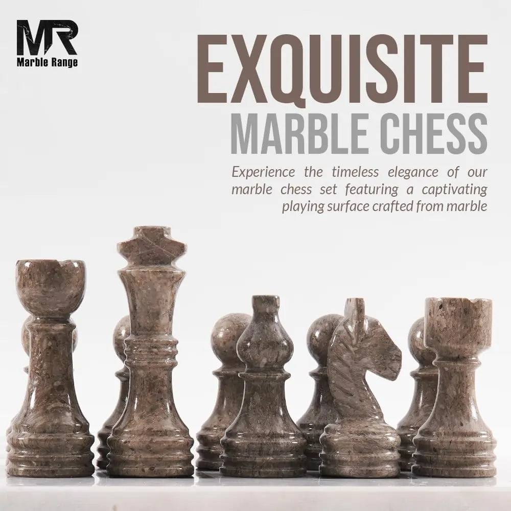 Marble Chess Set for Adults 15" Handmade White & Oceanic Board Game with 32 Chess Pieces, 2 Extra Queens & Storage Box, Luxury Travel Game, Elegant Gift for Home Decor