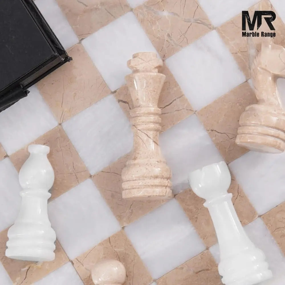 Marble Chess Set for Adults 15" Handmade White & Verona Board Game with 32 Chess Pieces, 2 Extra Queens & Storage Box, Luxury Travel Game, Elegant Gift for Home Decor