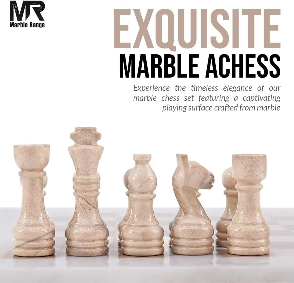 Marble Chess Set for Adults 15" Handmade White & Verona Board Game with 32 Chess Pieces, 2 Extra Queens & Storage Box, Luxury Travel Game, Elegant Gift for Home Decor