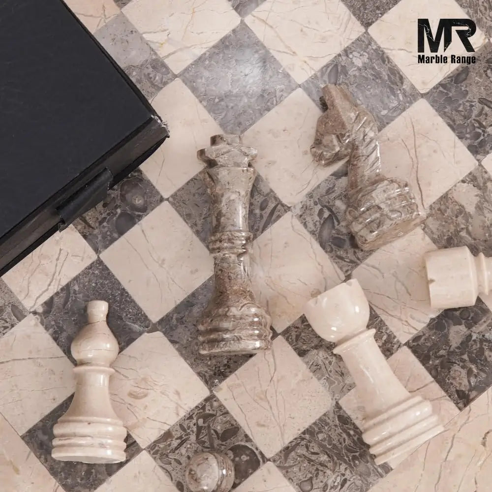 Marble Chess Set for Adults 15" Handmade Verona & Oceanic Board Game with 32 Chess Pieces, 2 Extra Queens & Storage Box, Luxury Travel Game, Elegant Gift for Home Decor