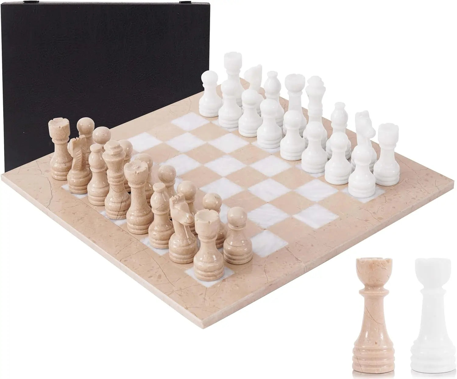 Marble Chess Set for Adults 15" Handmade Verona & White Board Game with 32 Chess Pieces, 2 Extra Queens & Storage Box, Luxury Travel Game, Elegant Gift for Home Decor