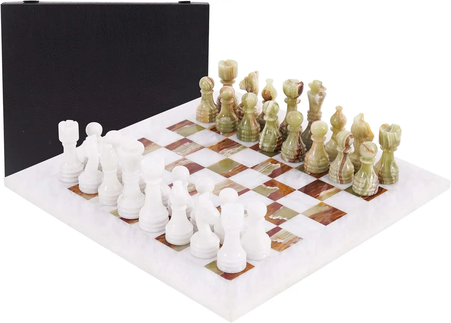 Marble Chess Set for Adults 15" Handmade White & Green Onyx Board Game with 32 Chess Pieces, 2 Extra Queens & Storage Box, Luxury Travel Game, Elegant Gift for Home Decor