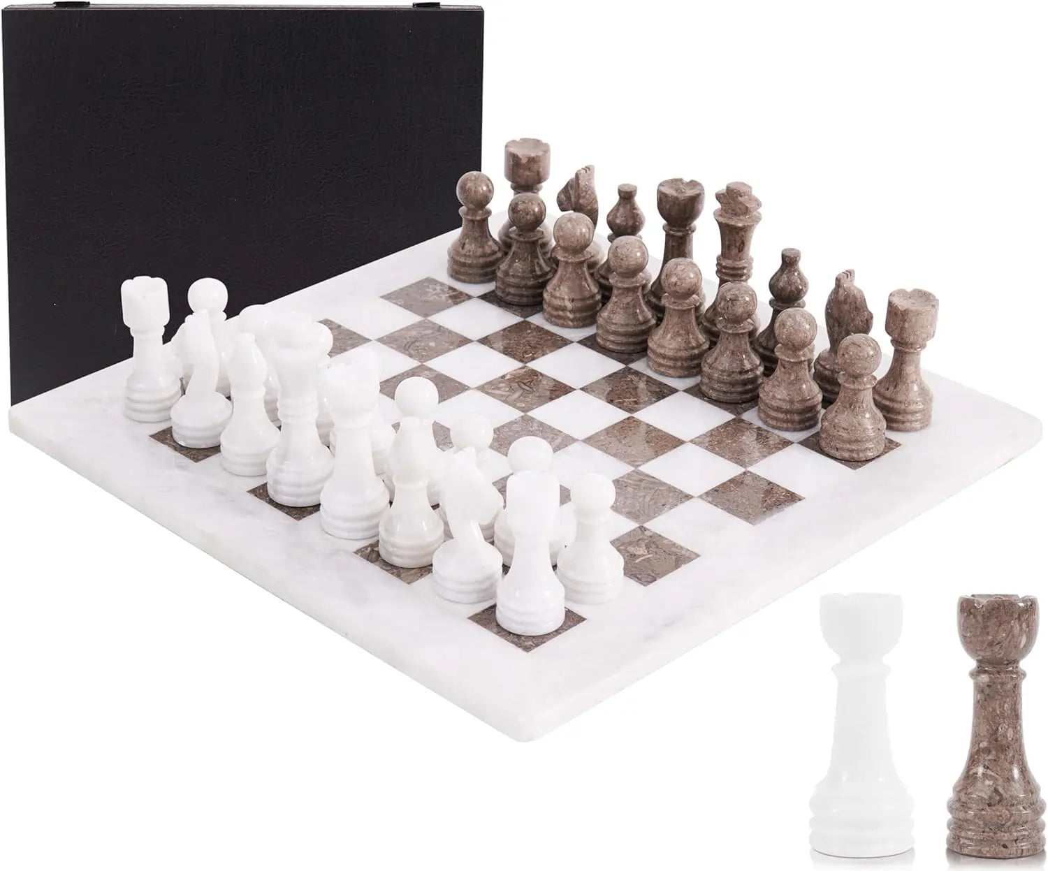 Marble Chess Set for Adults 15" Handmade White & Oceanic Board Game with 32 Chess Pieces, 2 Extra Queens & Storage Box, Luxury Travel Game, Elegant Gift for Home Decor
