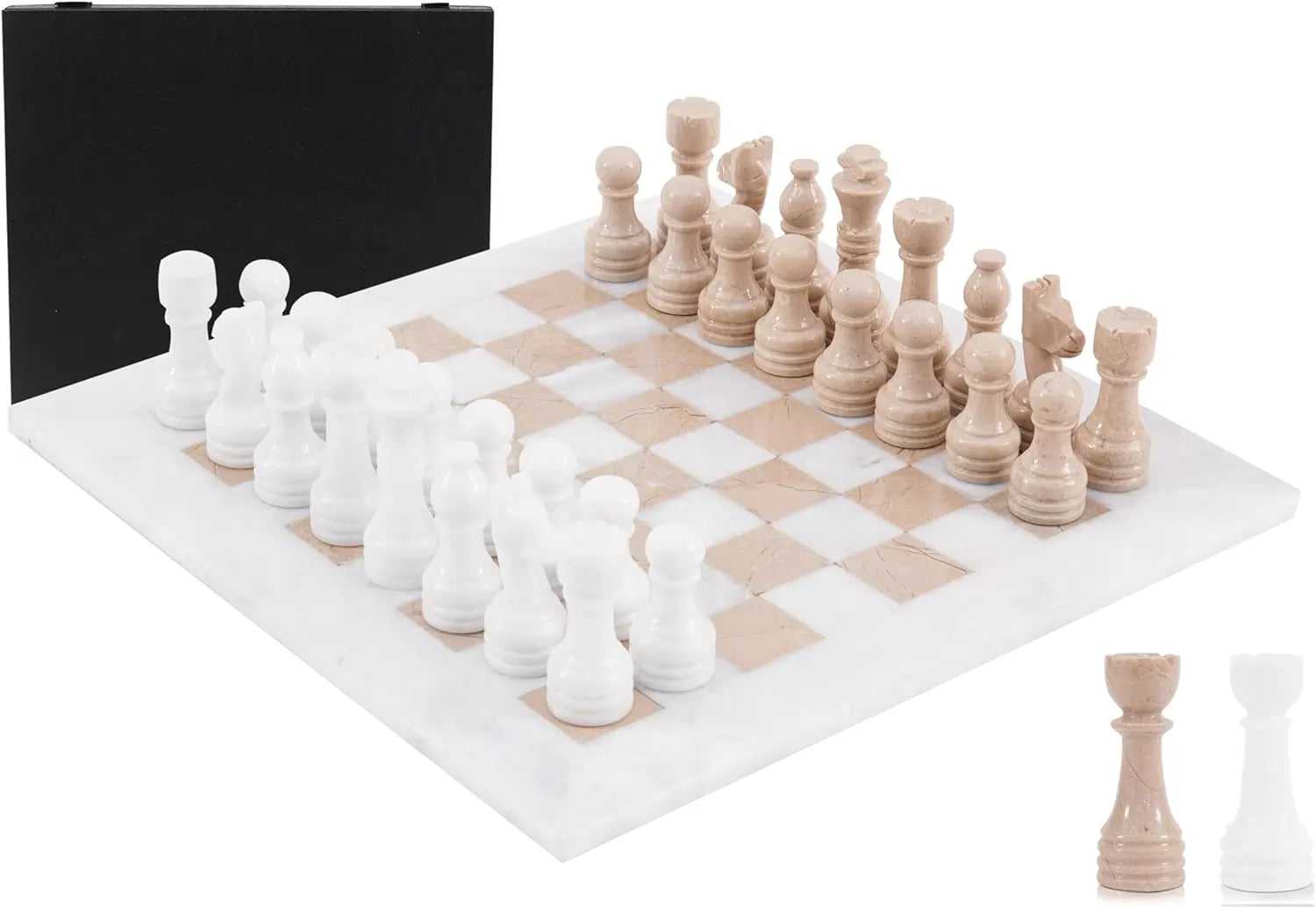Marble Chess Set for Adults 15" Handmade White & Verona Board Game with 32 Chess Pieces, 2 Extra Queens & Storage Box, Luxury Travel Game, Elegant Gift for Home Decor
