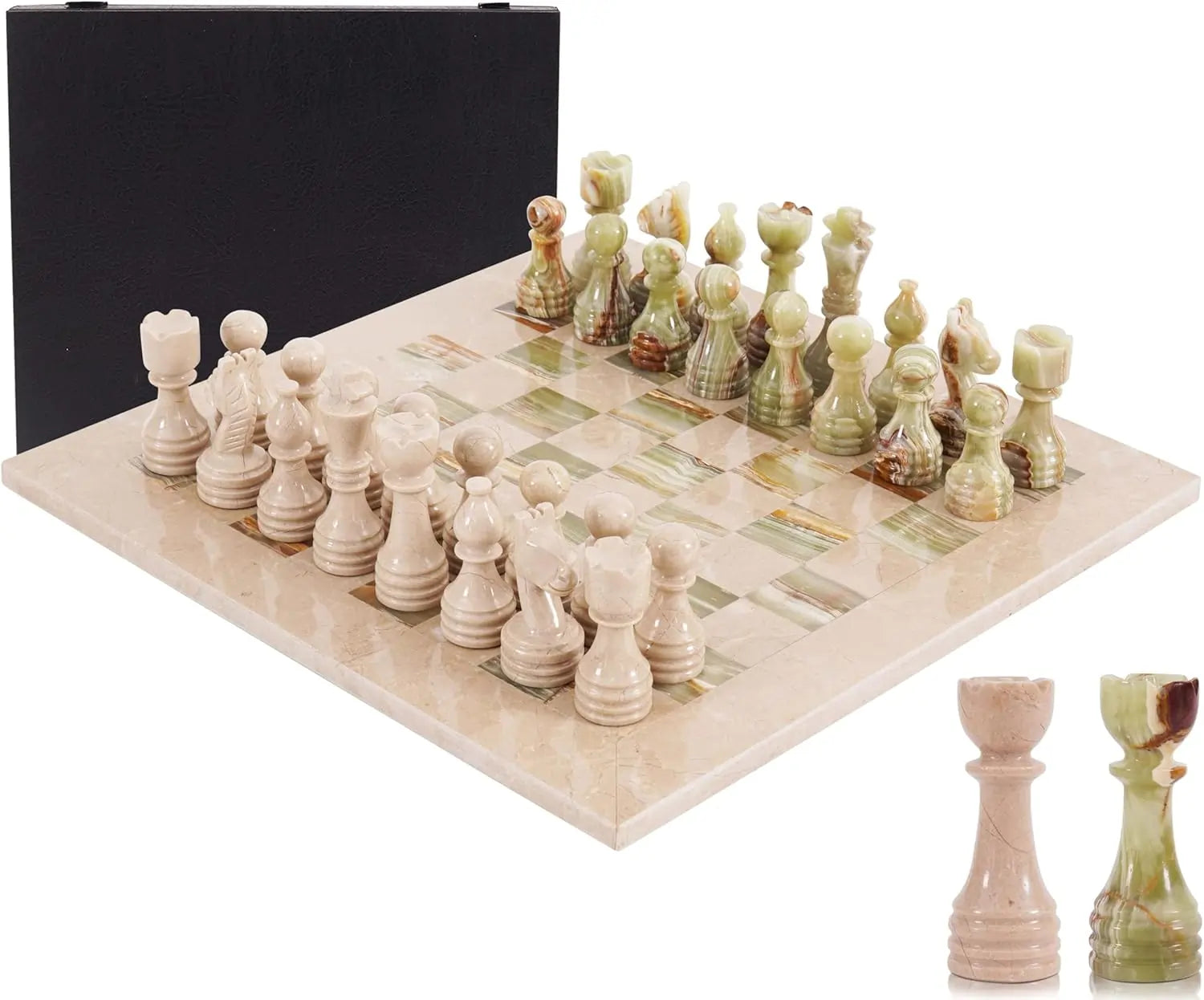 Marble Chess Set for Adults 15" Handmade Verona & Green Onyx Board Game with 32 Chess Pieces, 2 Extra Queens & Storage Box, Luxury Travel Game, Elegant Gift for Home Decor