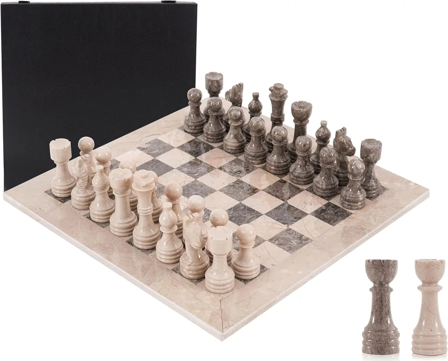 Marble Chess Set for Adults 15" Handmade Verona & Oceanic Board Game with 32 Chess Pieces, 2 Extra Queens & Storage Box, Luxury Travel Game, Elegant Gift for Home Decor