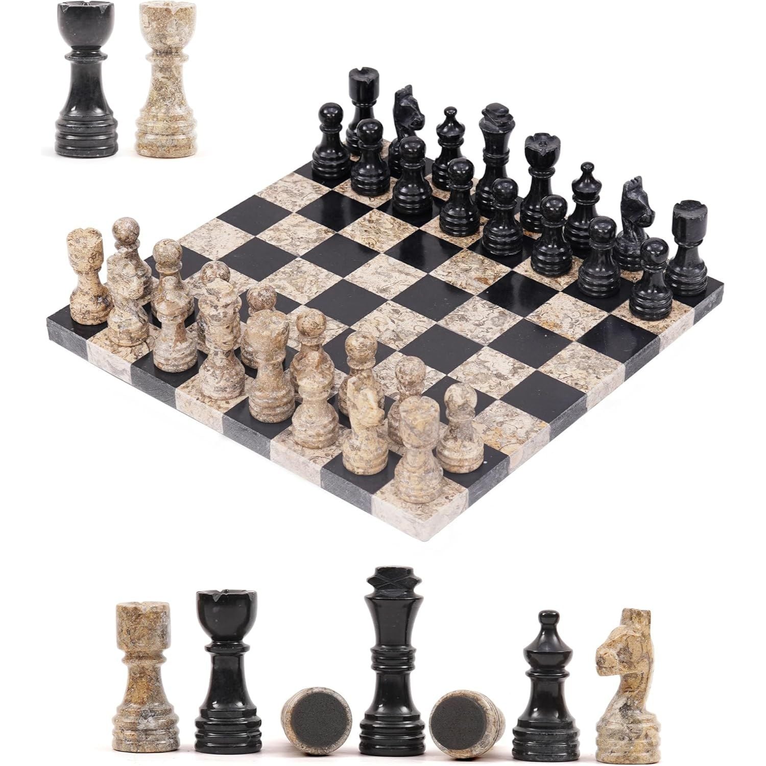 10 Inch Black And Coral Luxury Borderless Marble Chess Set with Extra Queens