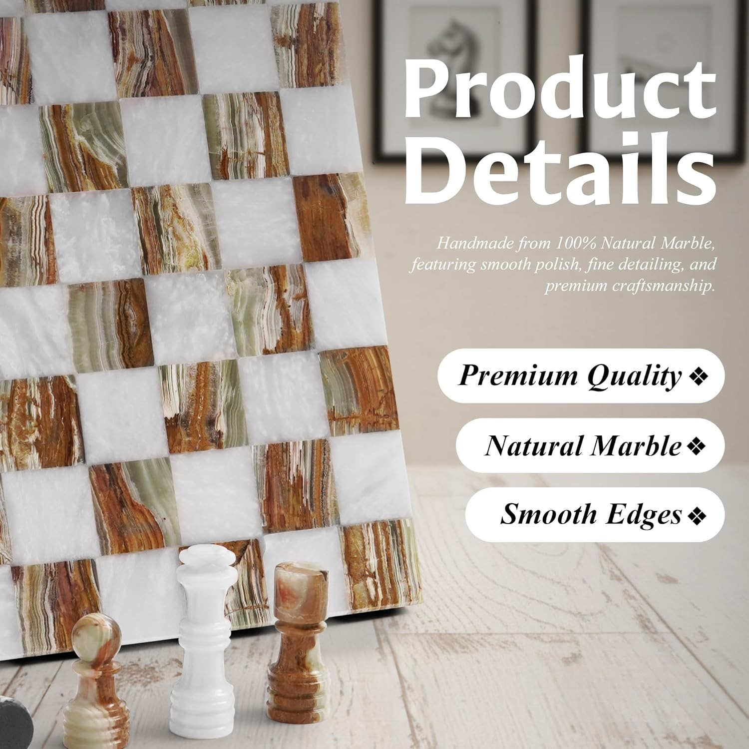 White And Green Borderless Marble Chess Board & Pieces with Extra Queens