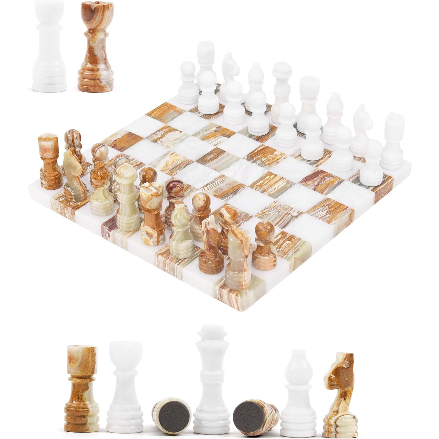 White And Green Luxury Borderless Marble Chess Board & Pieces with Extra Queens