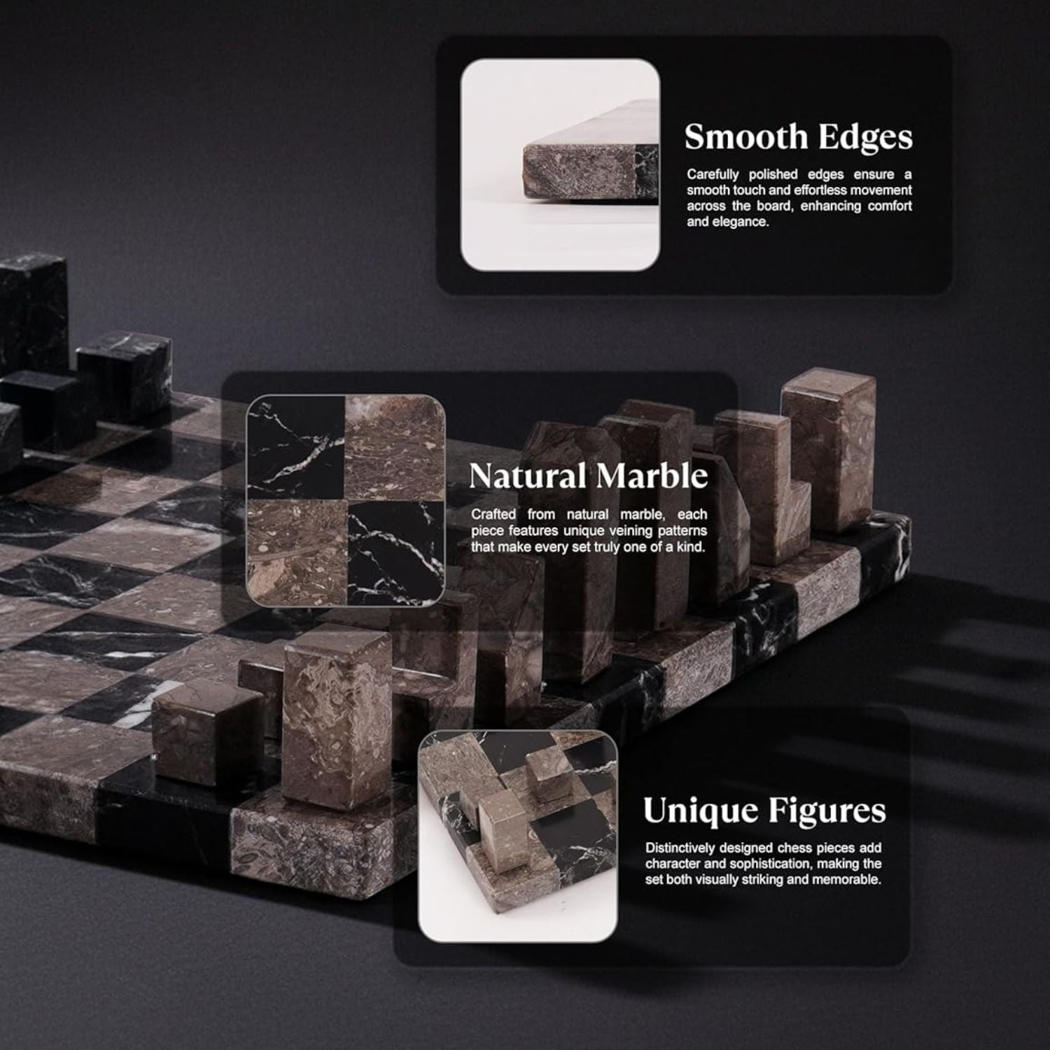Black And Oceanic Borderless Marble Chess Board with Pieces