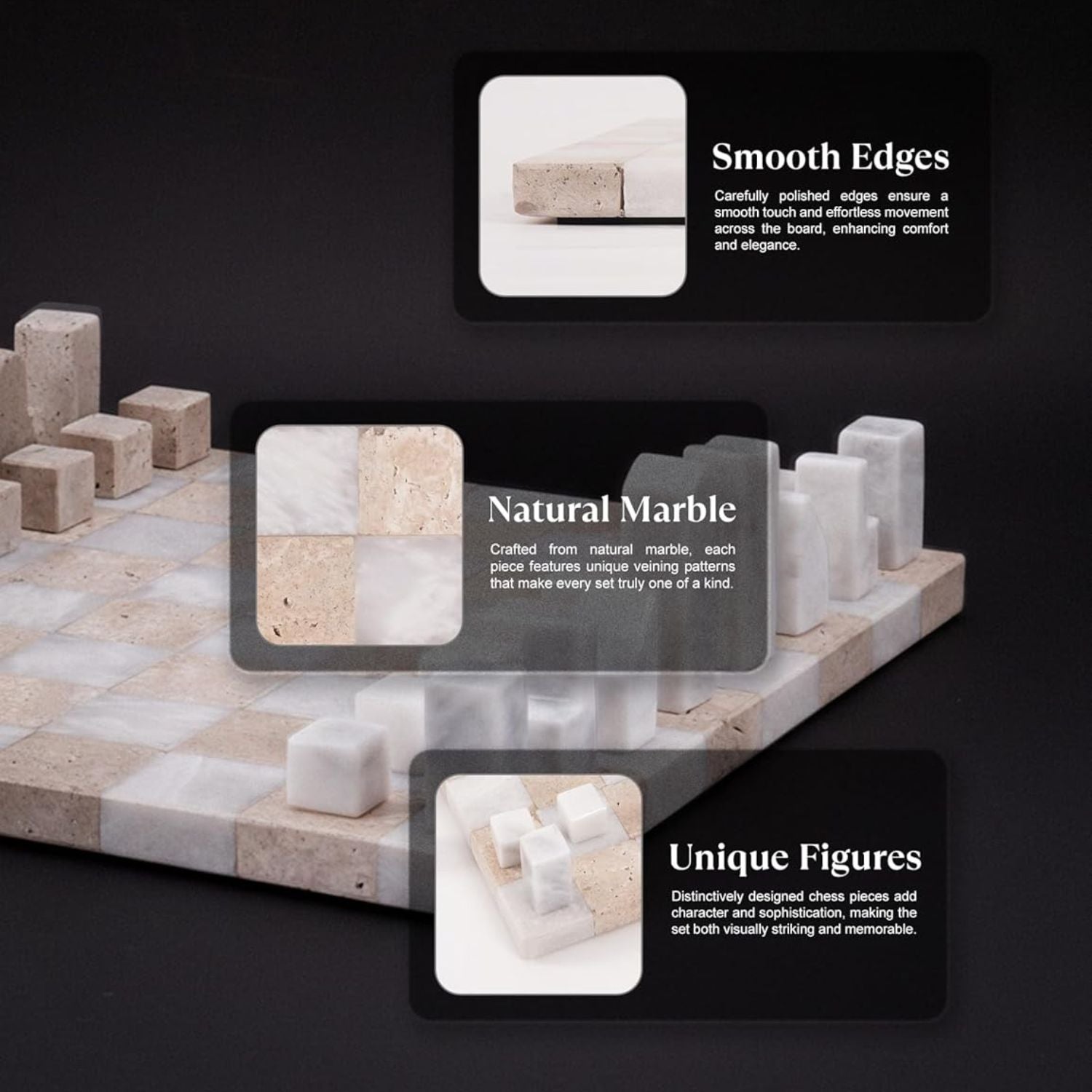 Travertine And White Borderless Marble Chess Board Pieces