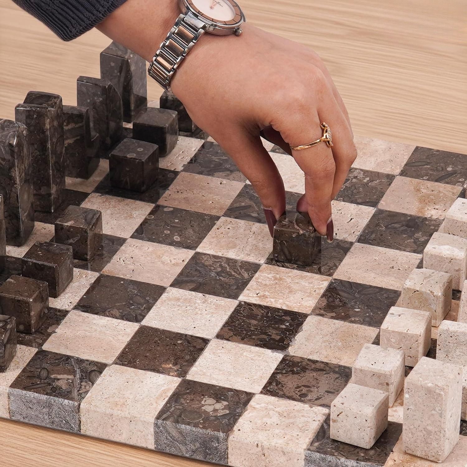 Luxury Borderless Marble Chess Set with Minimalist Geometric Pieces