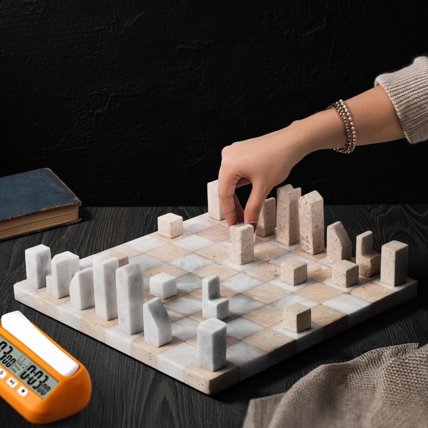 Travertine And White Borderless Marble Chess Board Geometric Pieces