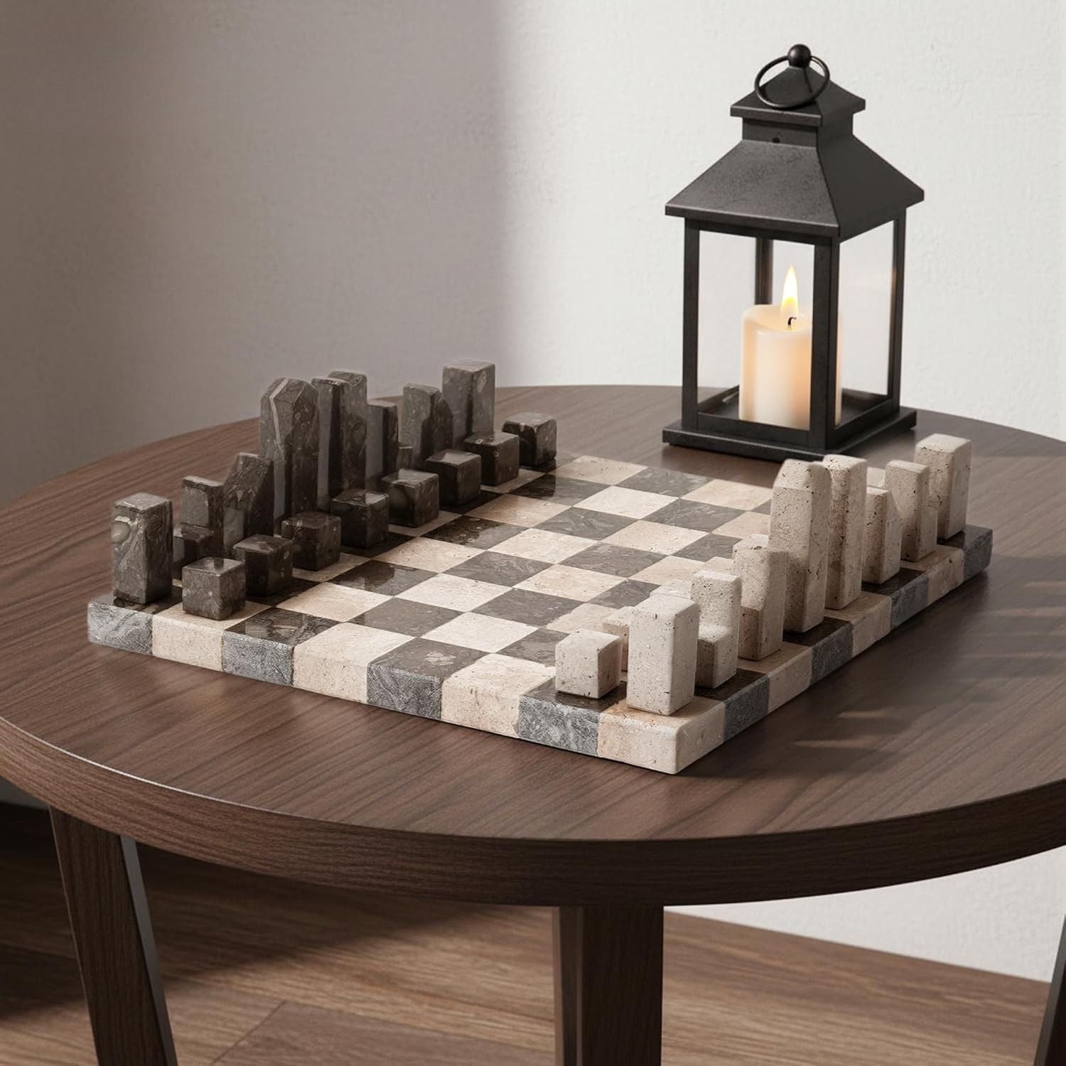 Travertine And Oceanic Premium Borderless Marble Chess Set