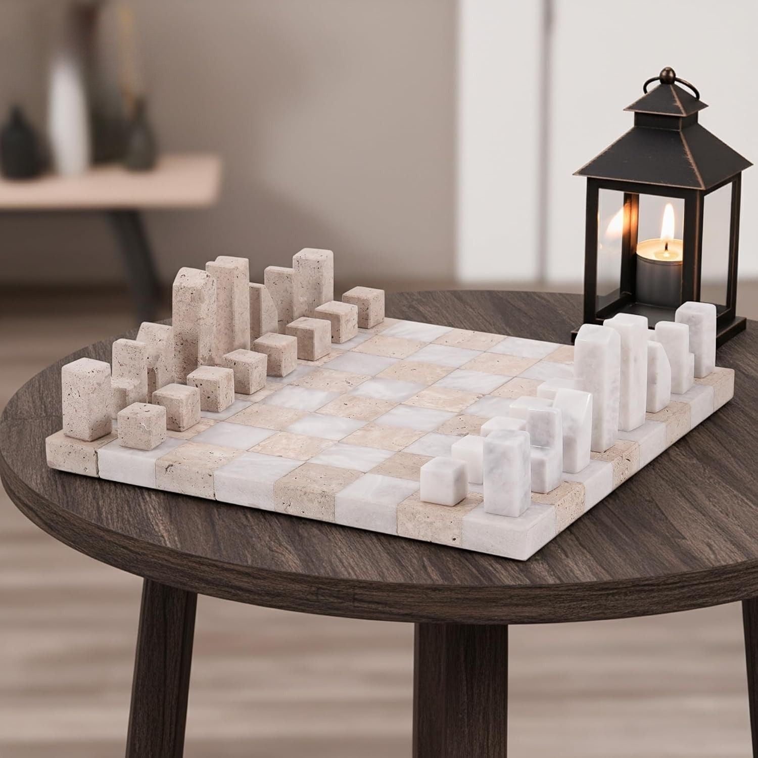 12 Inch Travertine And White Borderless Marble Chess Board Pieces