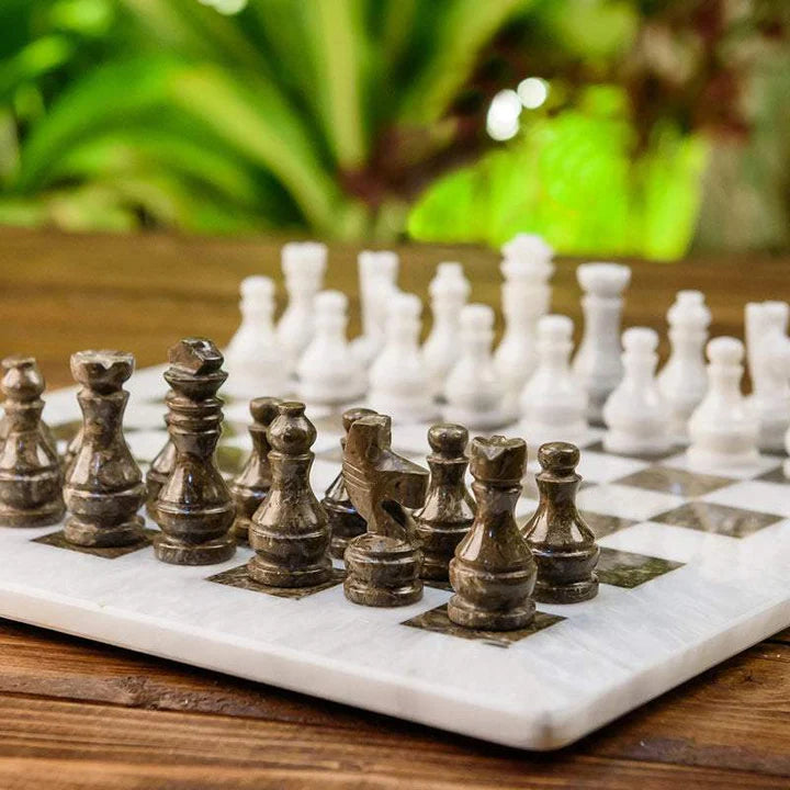 2-in-1 Bundle 15 Inch Oceanic White Onyx Chess set & Checker Pieces