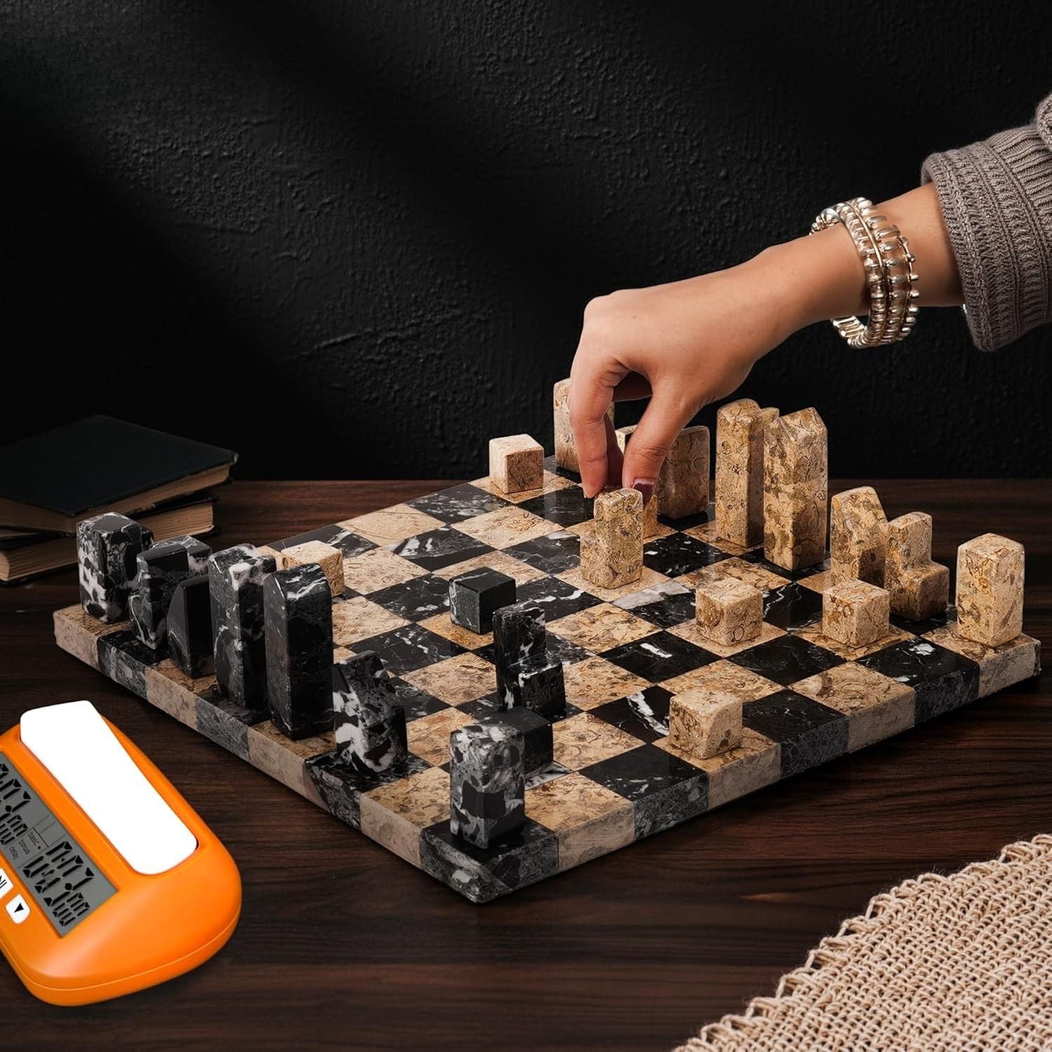 Black And Coral Borderless Marble Chess Board with Geometric Pieces