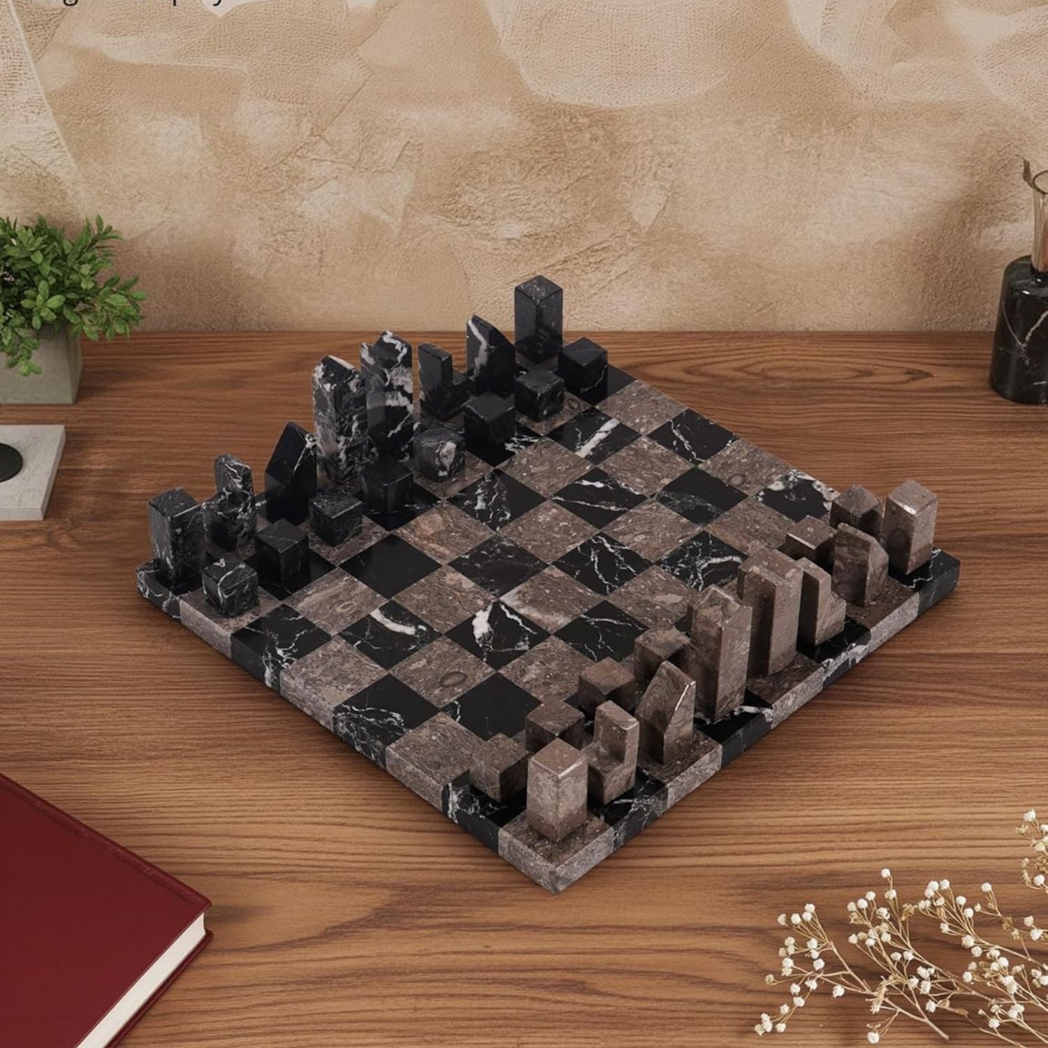Borderless Marble Chess Board with Minimalist Pieces