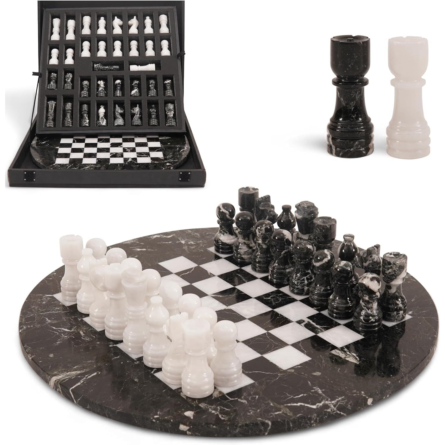15 Round Handcrafted Marble Chess Set with Storage Box