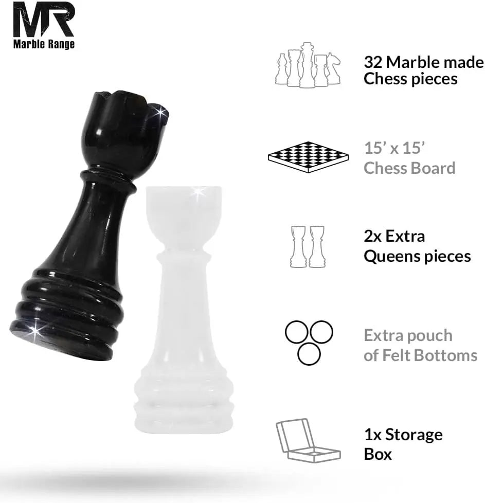 Marble Chess Set for Adults 15" Handmade White & Black Board Game with 32 Chess Pieces, 2 Extra Queens & Storage Box, Luxury Travel Game, Elegant Gift for Home Decor