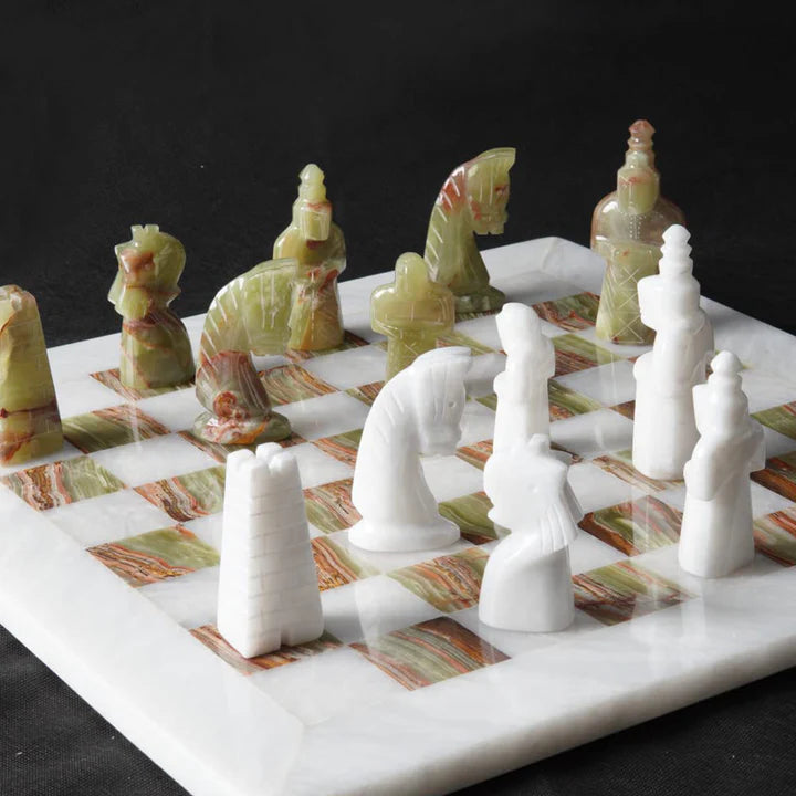 2-in-1 Bundle 15 Inch Green White Onyx Chess set & Checker Pieces
