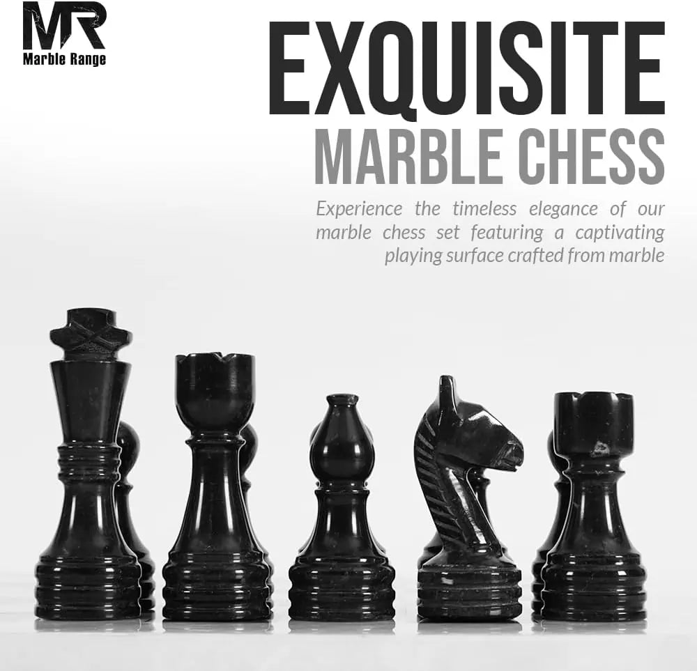 Marble Chess Set for Adults 15" Handmade White & Black Board Game with 32 Chess Pieces, 2 Extra Queens & Storage Box, Luxury Travel Game, Elegant Gift for Home Decor