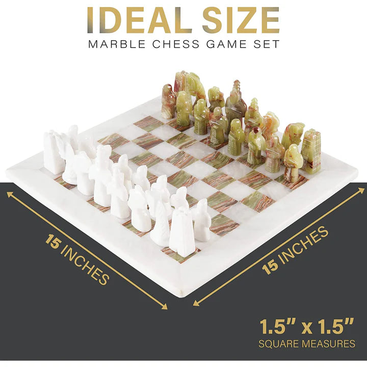 2-in-1 Bundle 15 Inch Green White Onyx Chess set & Checker Pieces