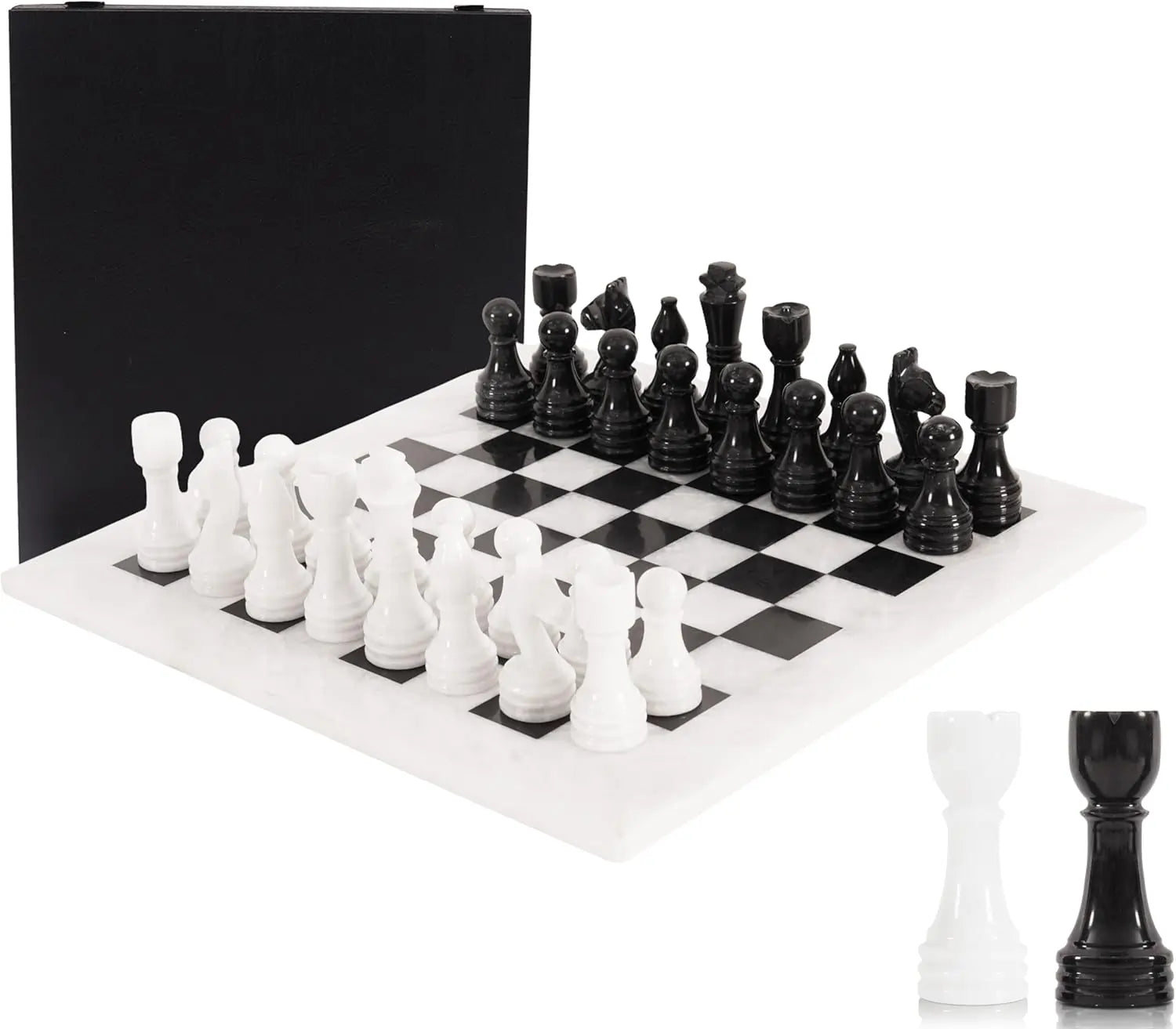 Marble Chess Set for Adults 15" Handmade White & Black Board Game with 32 Chess Pieces, 2 Extra Queens & Storage Box, Luxury Travel Game, Elegant Gift for Home Decor