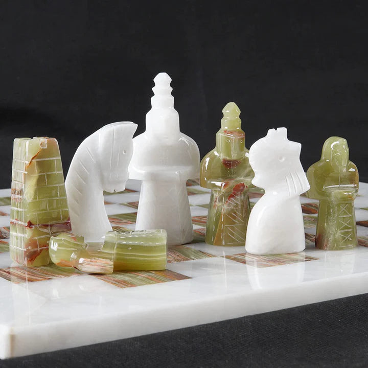 2-in-1 Bundle 15 Inch Green White Onyx Chess set & Checker Pieces