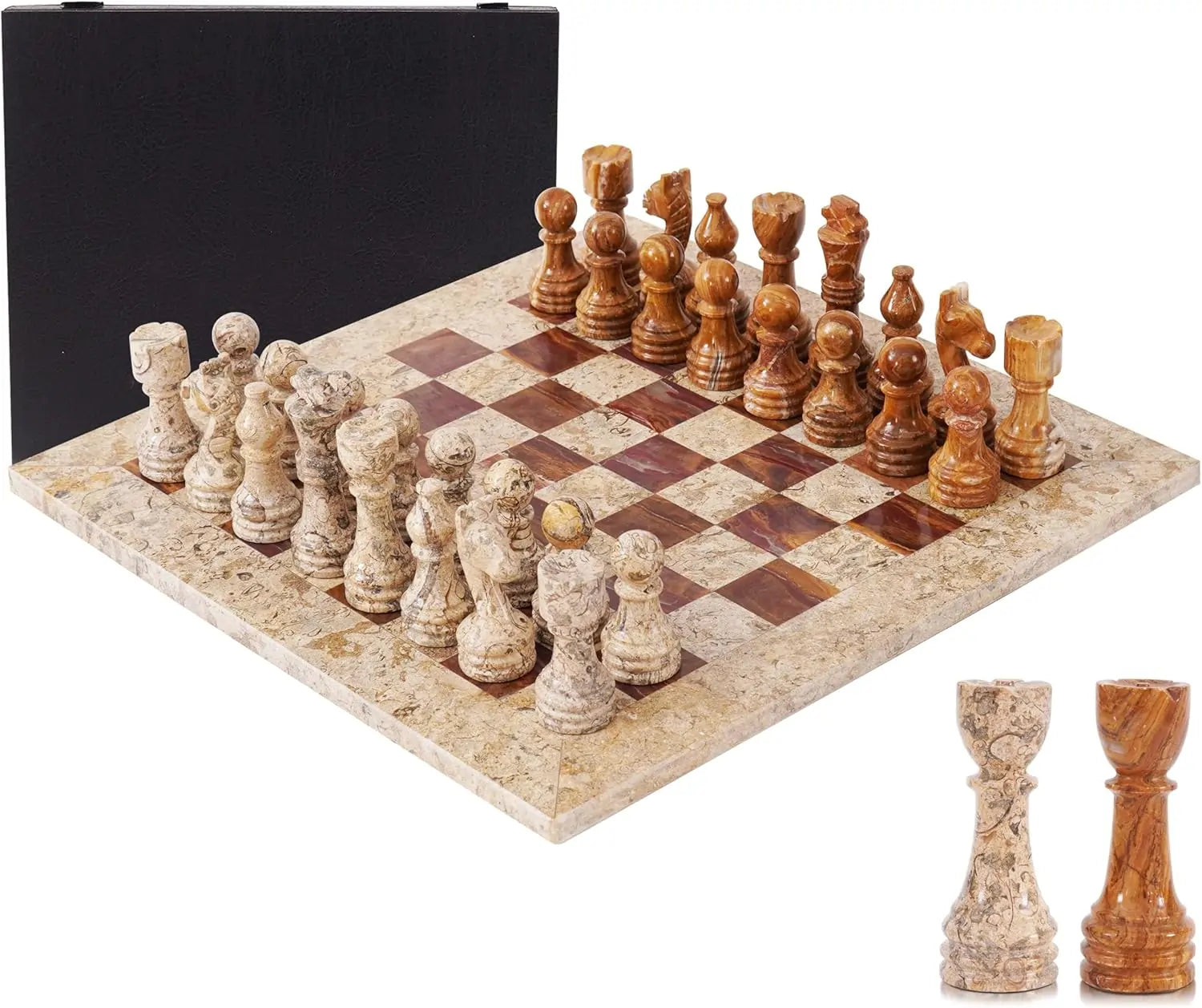 Board Game with 32 Chess Pieces, 2 Extra Queens & Storage Box, Luxury Travel Game, Elegant Gift for Home Decor