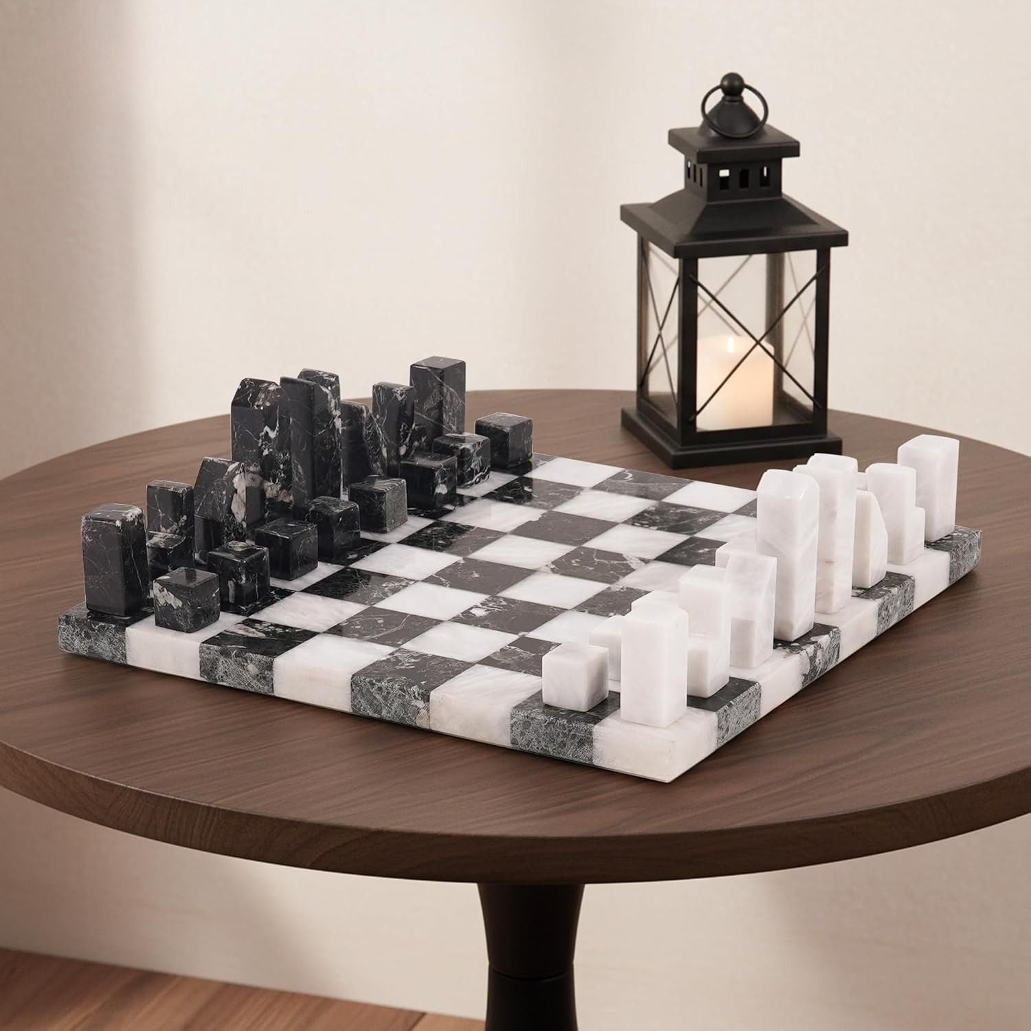 12 Inch Black And White Borderless Marble Chess Board with Minimalist Pieces