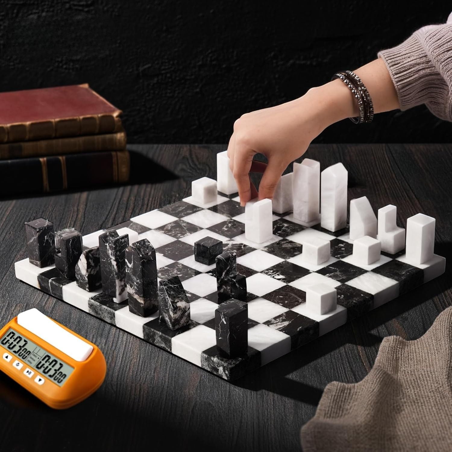 12 Inch Black And White Premium Borderless Marble Chess