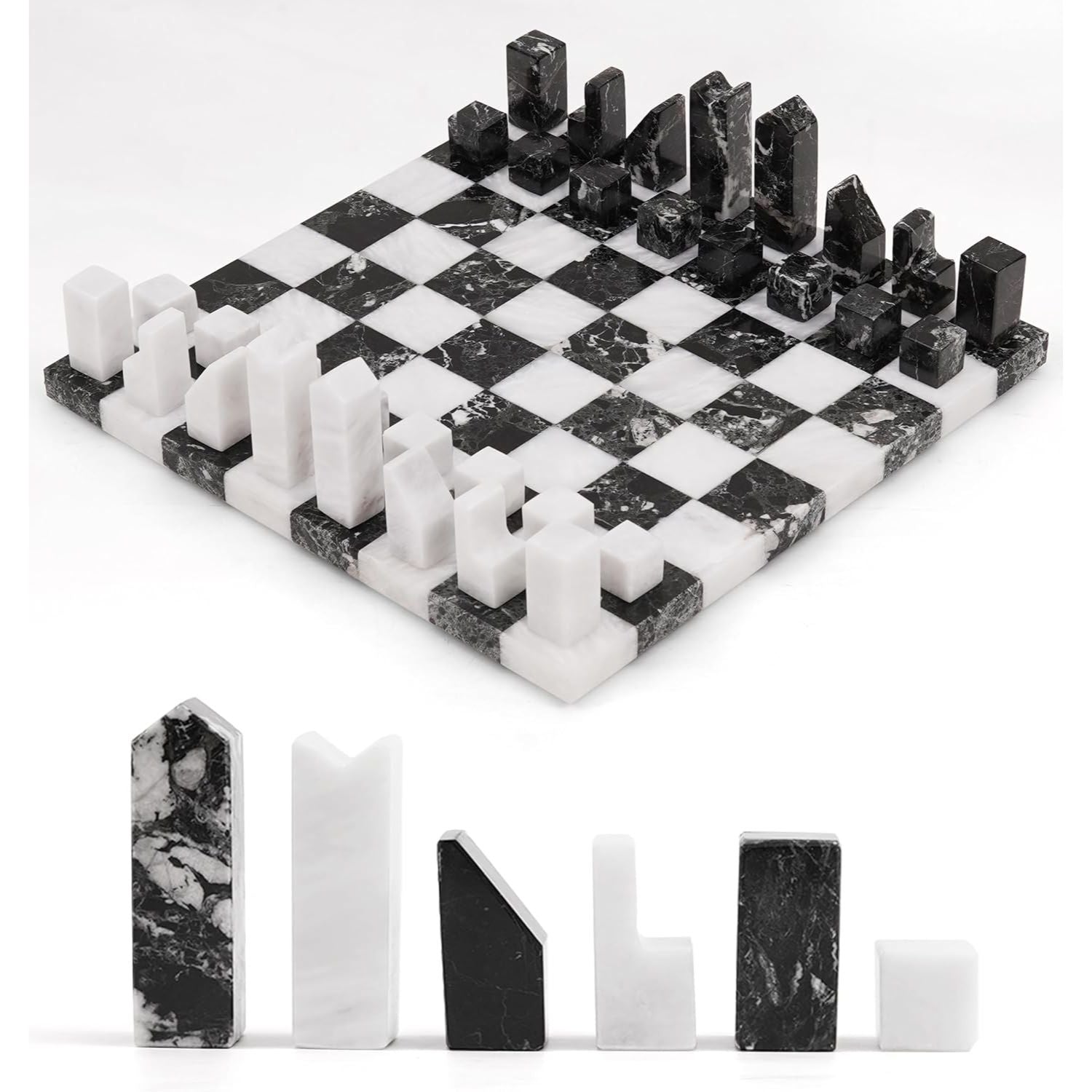 Black And White Premium Borderless Marble Chess Board with Geometric Pieces