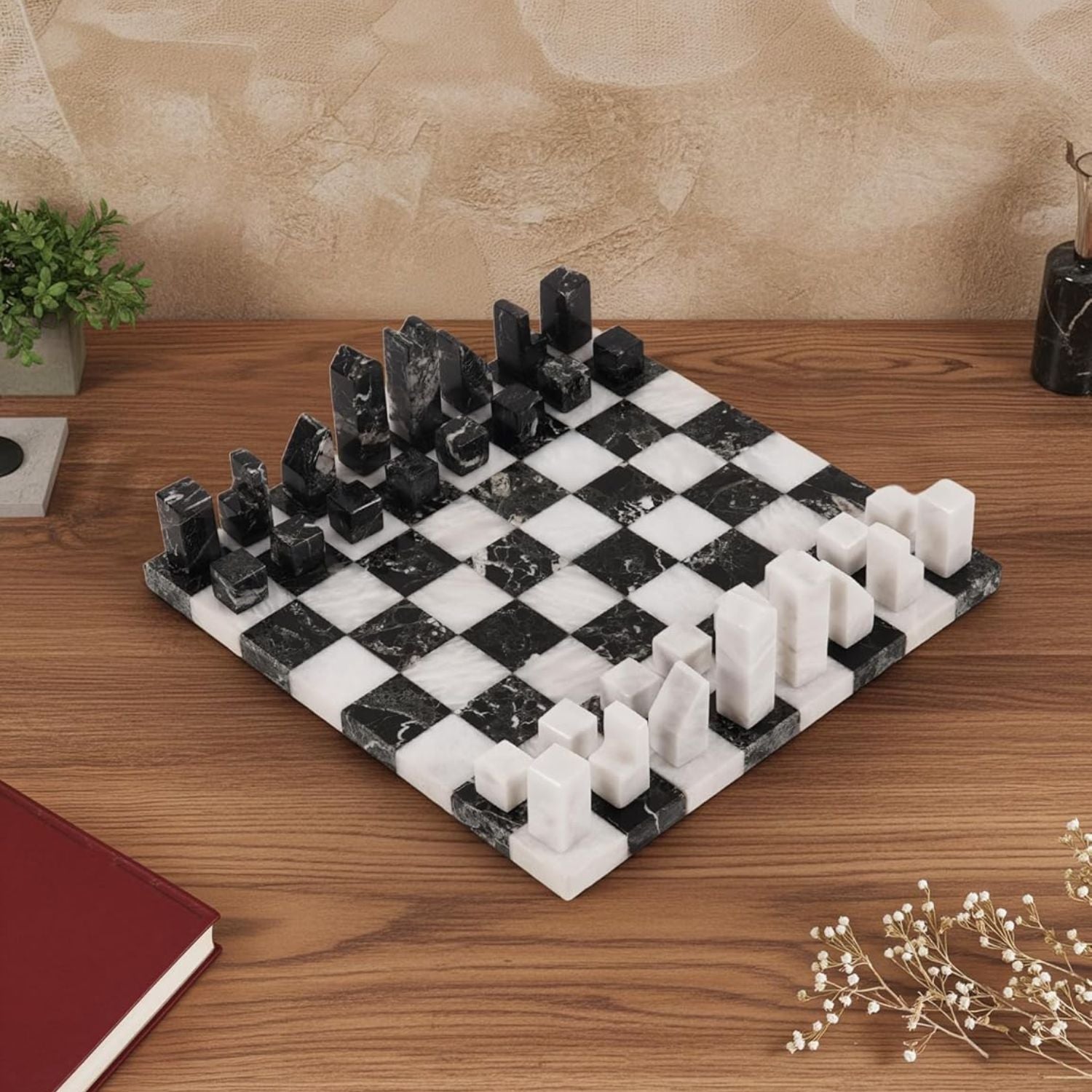 Premium Borderless Marble Chess Board with Minimalist Geometric Pieces