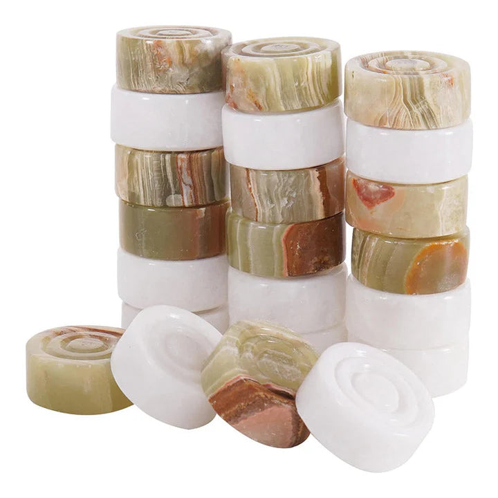 2-in-1 Bundle 15 Inch Green White Onyx Chess set & Checker Pieces